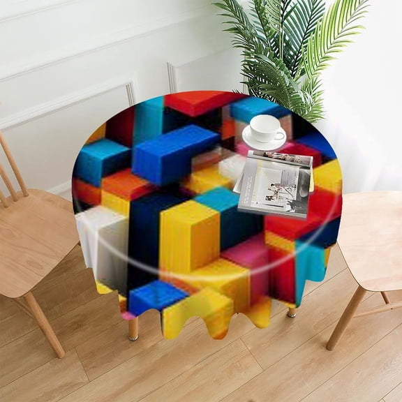RKSupls 60 Inch Round Tablecloth, Colorful Blocks Abstract Premium Polyester Straight Edge Wrinkle Resistant Washable Table Cover for Party Home Dining Decor