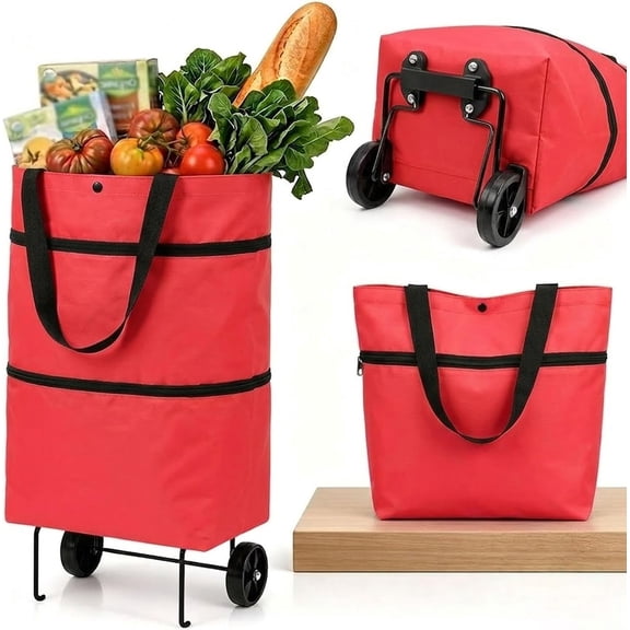 2027 Upgraded 2 in 1 Foldable Shopping Cart with Wheels, Portable Grocery Cart Foldable with Wheels and Pull Handle for Market & Grocery Runs–Gift for Women & Seniors