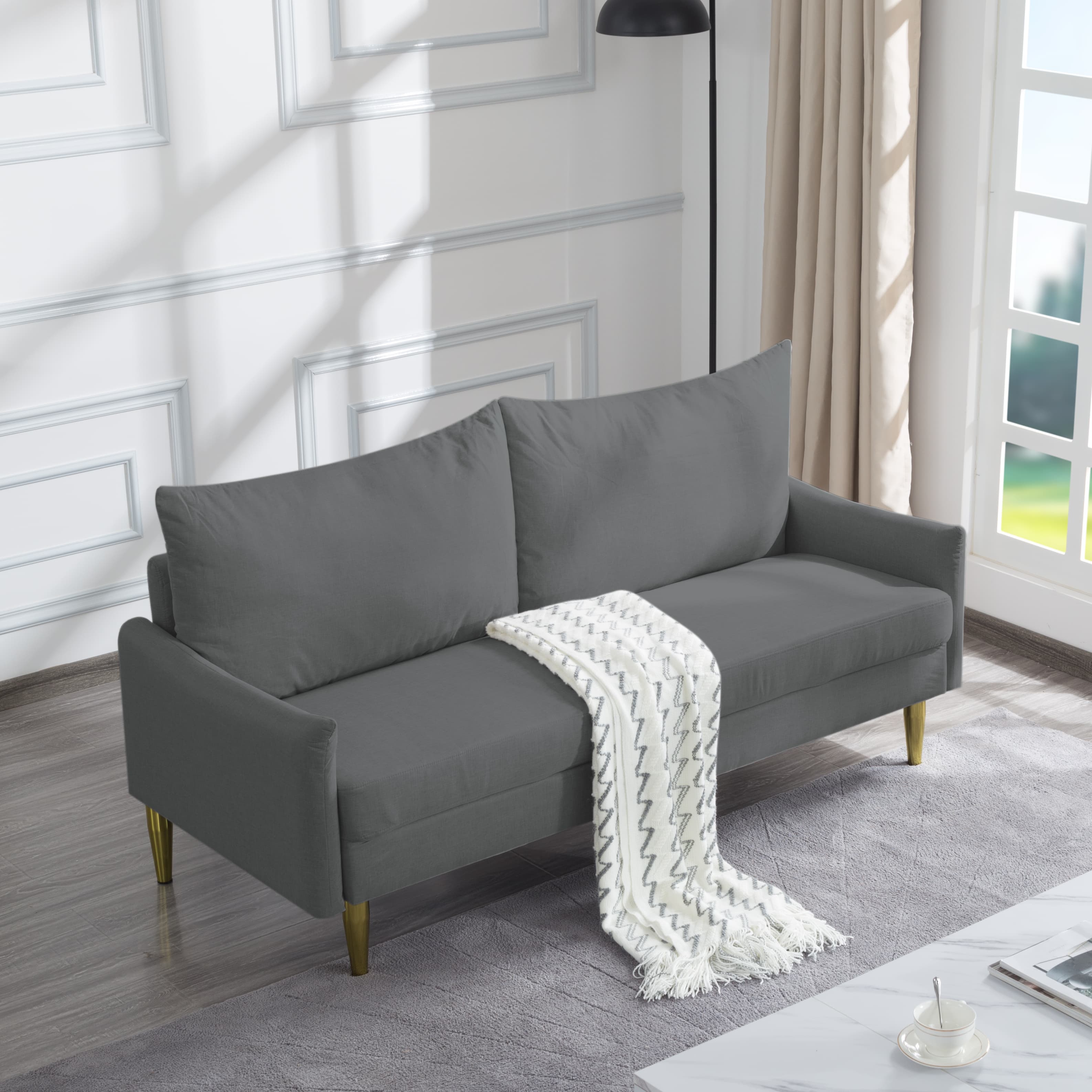 BSHTI 66.9" Modern Loveseat with Curved Arms, Golden Tapered Legs & Removable Cushion Covers, Light Grey