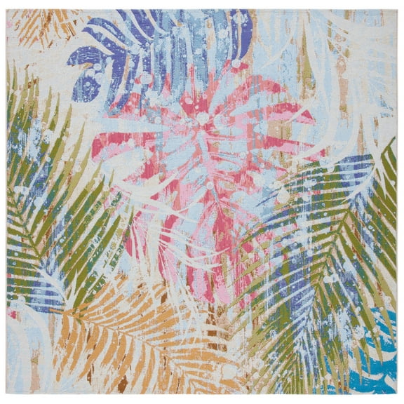 SAFAVIEH Summer Donald Botanical Indoor/Outdoor Area Rug, Blue/Beige, 6'7" x 6'7" Square