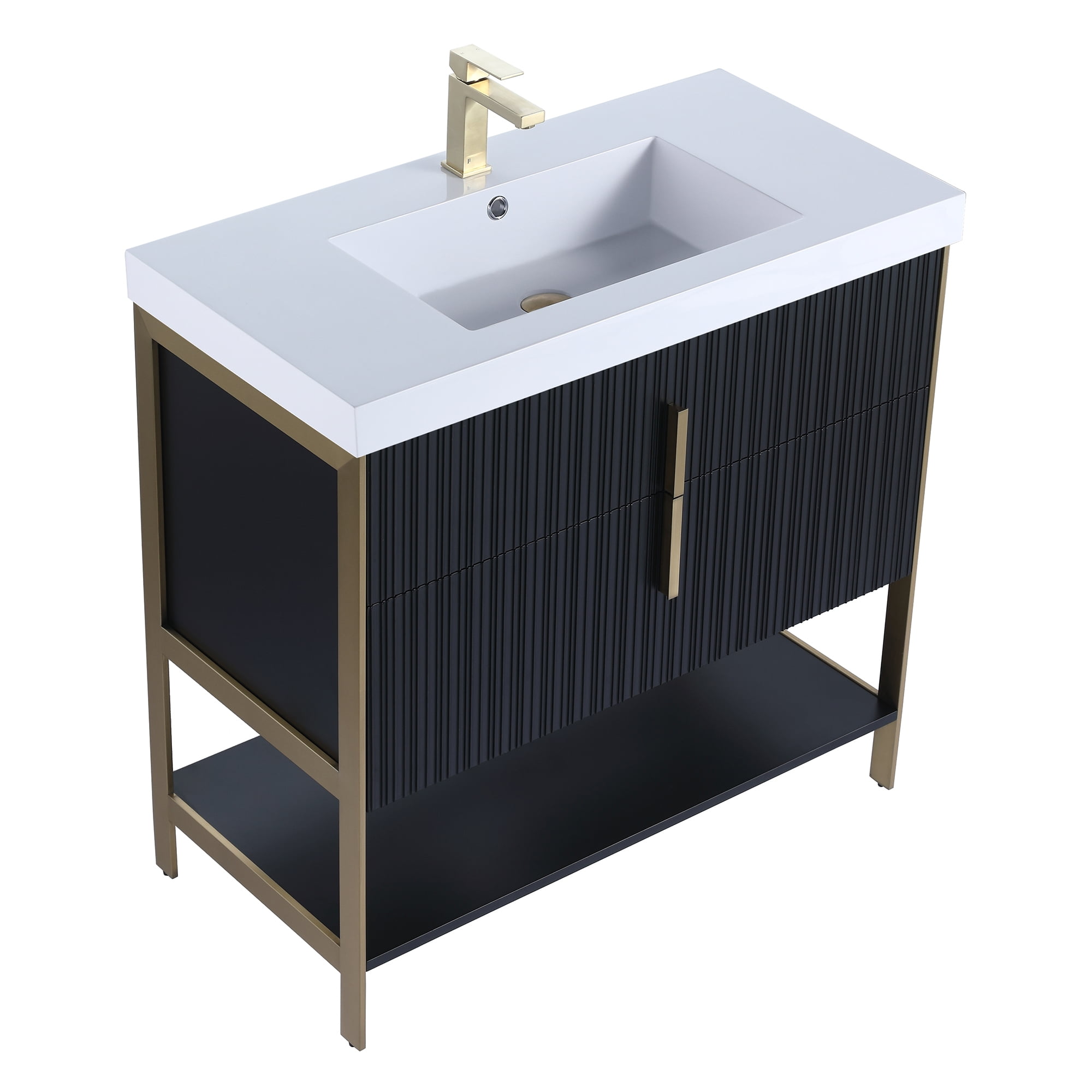 Fine Fixtures Serenity 36 in. W x 18 in. D x 33.5 in. H Bathroom Vanity in Black Matte with White Gel Coated Thick Edge Top with Satin Brass Hardware