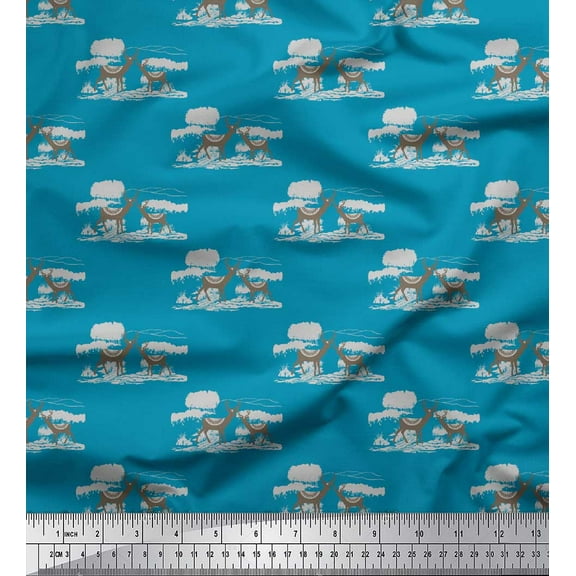 Soimoi Blue Cotton Duck Fabric Landscape & Reindeer Animal Print Fabric by the Yard 56 Inch Wide