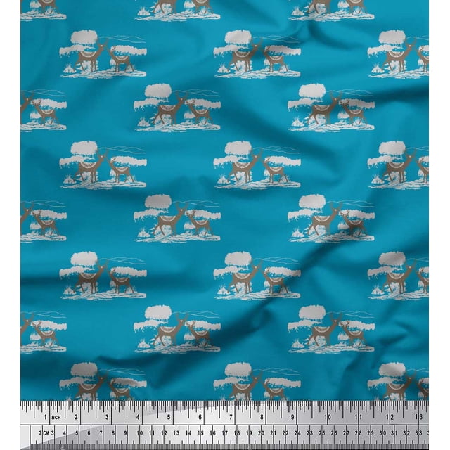 Soimoi Blue Moss Georgette Fabric Landscape & Reindeer Animal Print Sewing Fabric Yard 42 Inch Wide