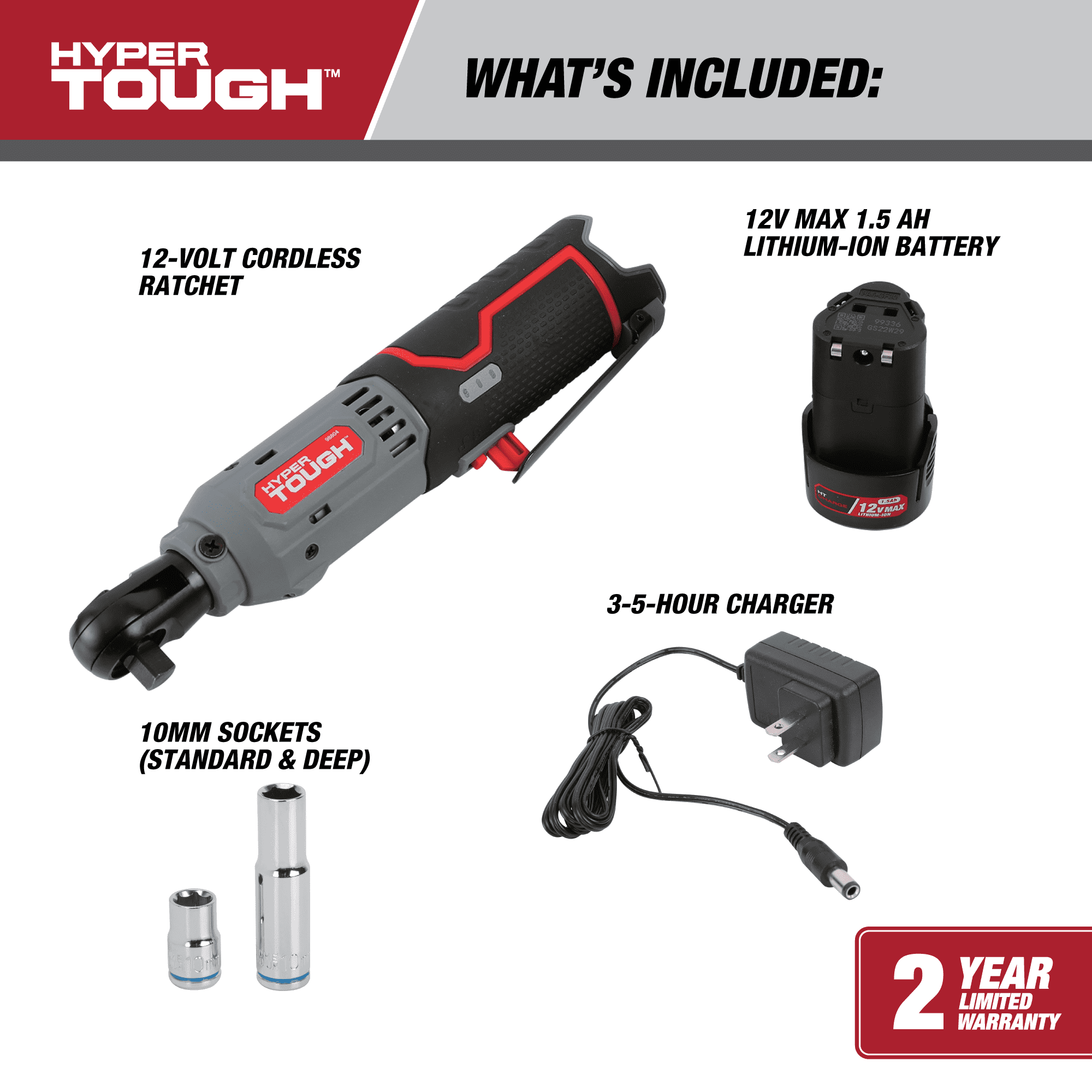Hyper Tough 12V Max* Lithium-Ion Cordless 3/8-inch Ratchet with 1.5Ah Battery and Charger, 98804, New