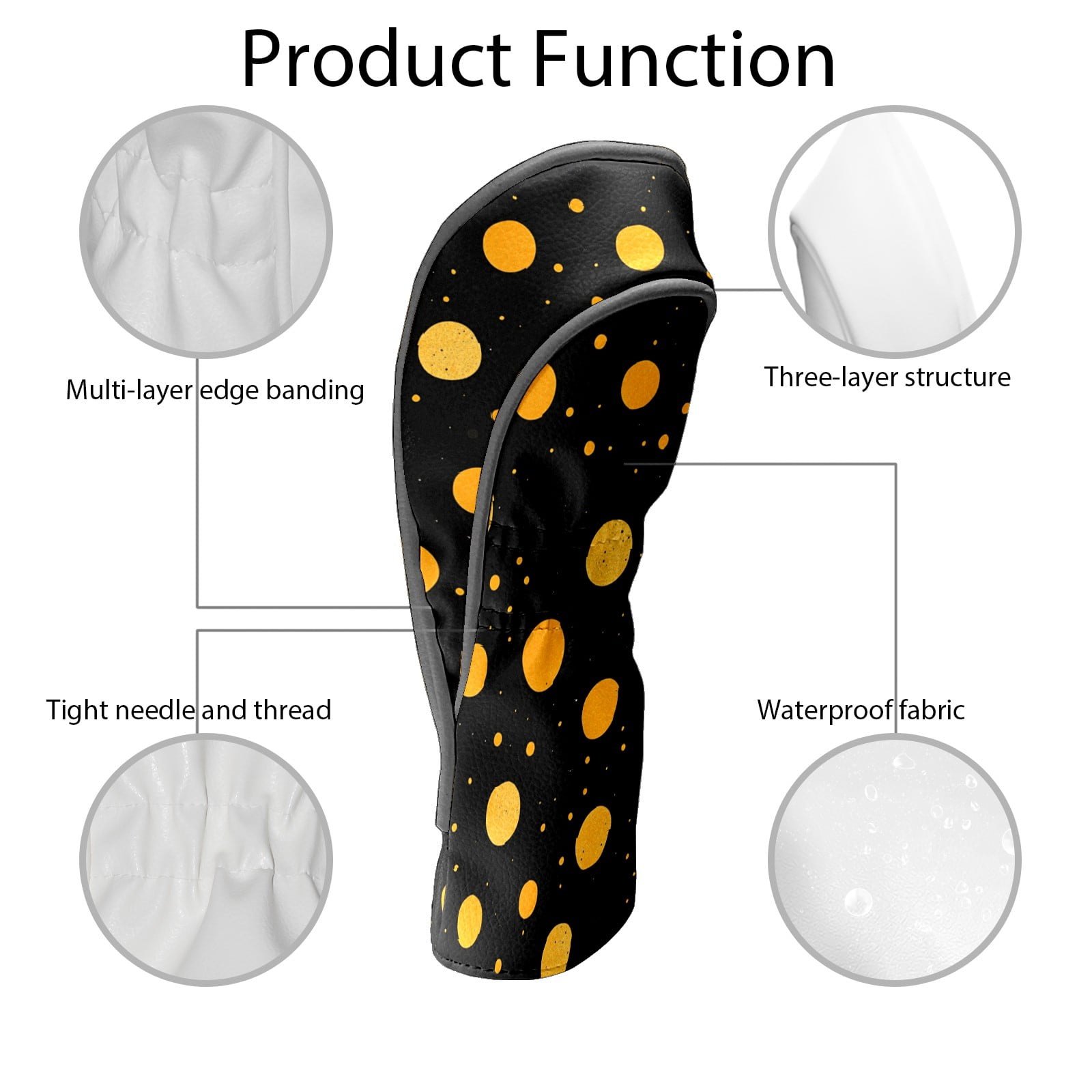 Golf Club Covers PU Leather Waterproof Head Covers for Fairway Woods Hybrids Yellow Polka Dots
