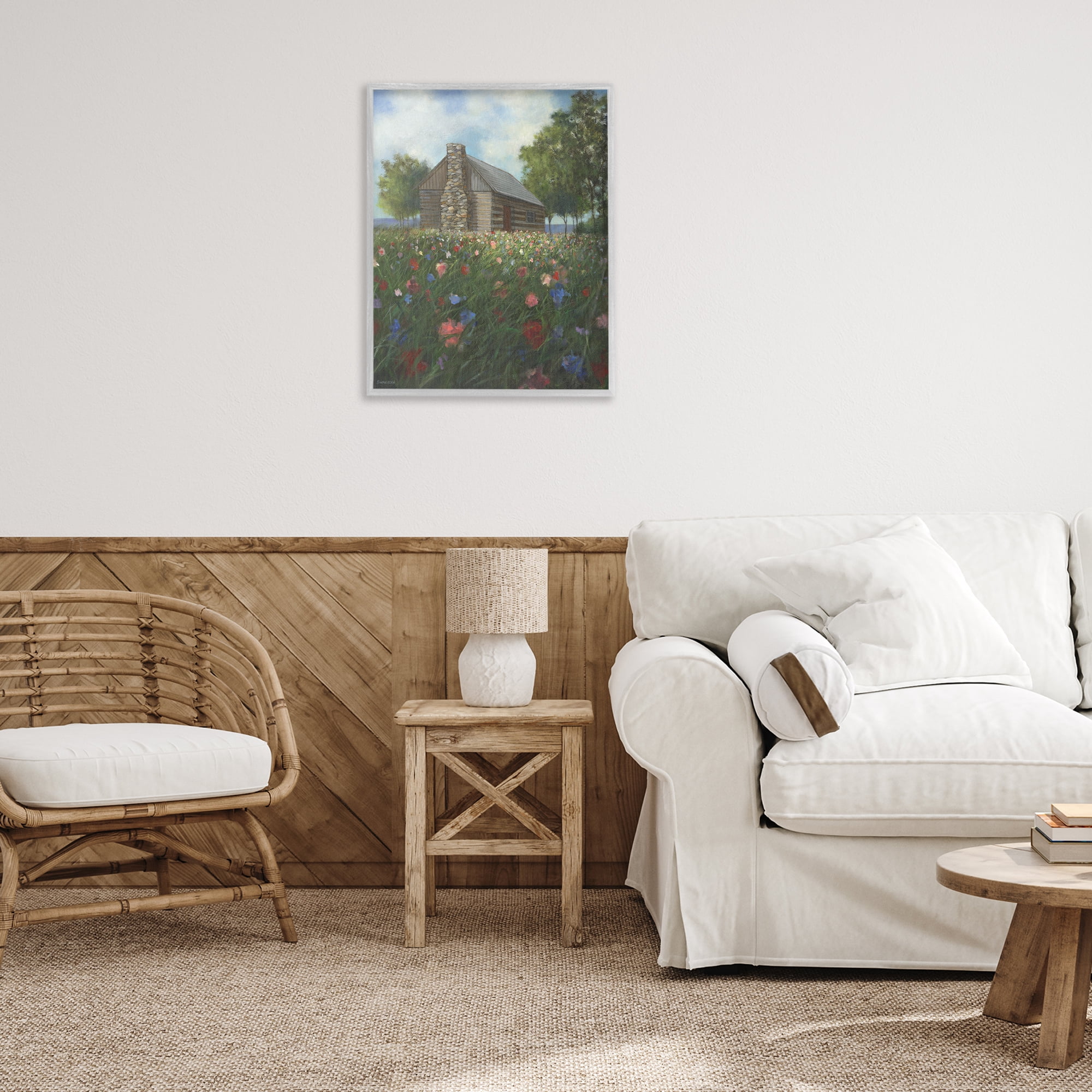 Stupell Industries Log Cabin Meadow Landscape Painting Gray Framed Art Print Wall Art, 24 x 30