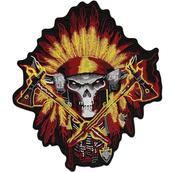 Indian Viking Warrior Skull Patch 12" | Skeleton Headdress Large Iron On Jacket Back Patch - by Nixon Thread Co.