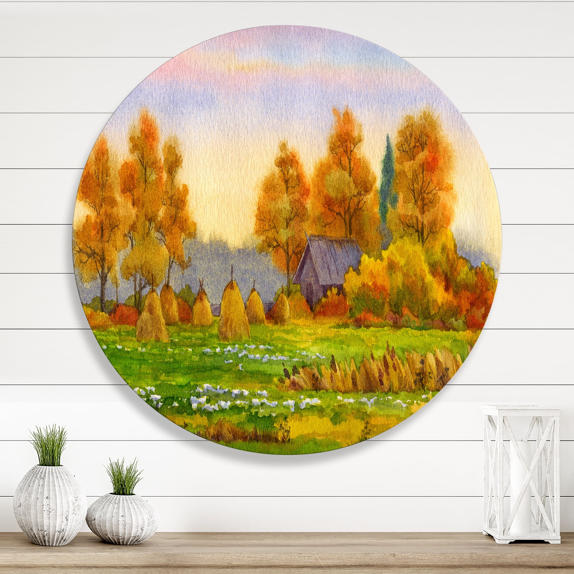 Designart 'Orange Fields With Haystacks I' Lake House Circle Metal Wall Art 11x11 - Disc of 11