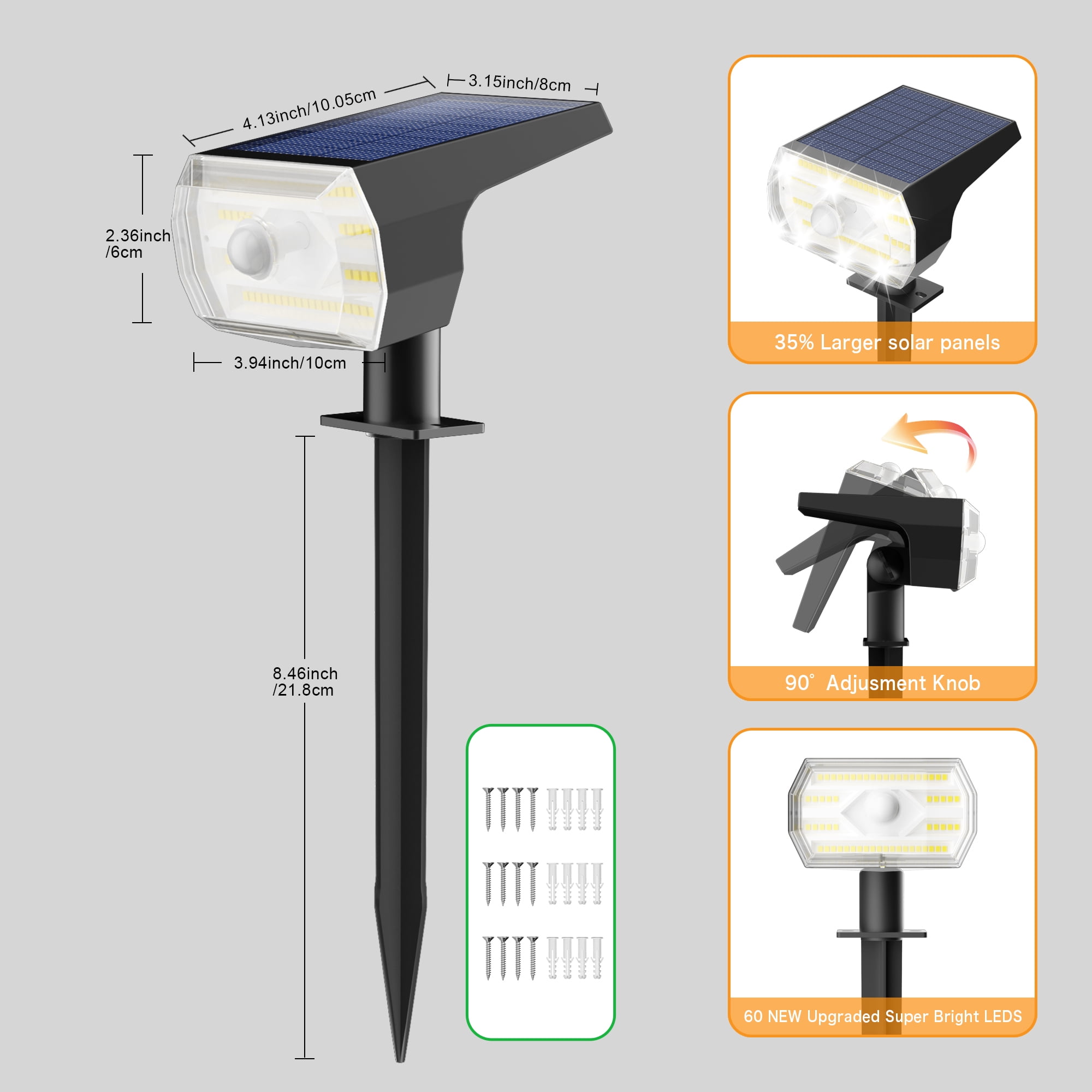 CHARKEE Outdoor Solar Lights,60 LED/3 Modes PRI Solar Powered Spot Lights for Yard Garden Path