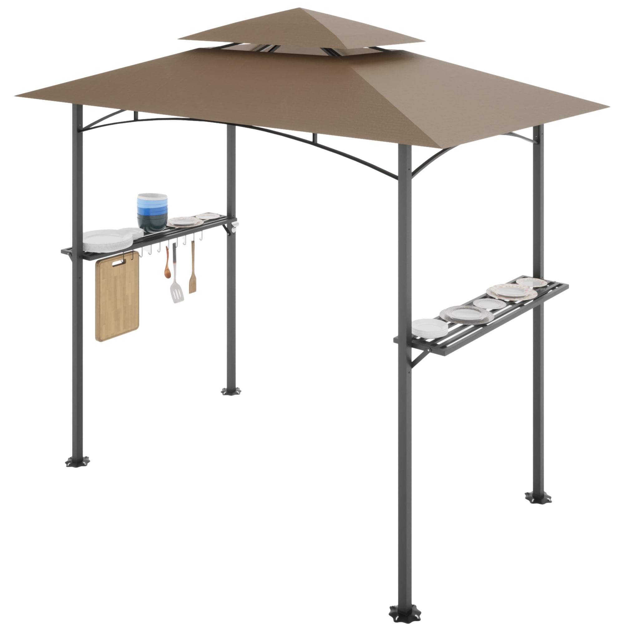 Aukfa 8 x 5 FT Grill Gazebo Grill Canopy Double Tiered BBQ Gazebo Outdoor, Khaki