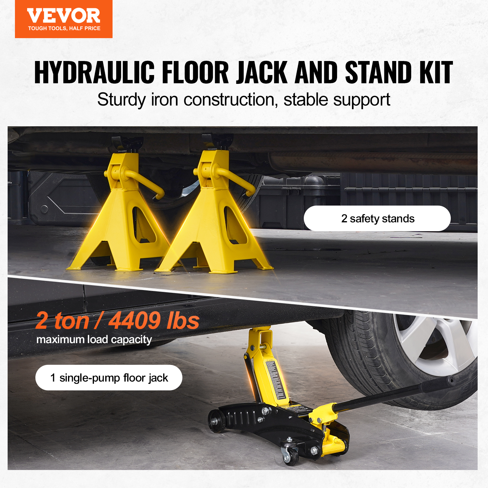VEVOR Low Profile Floor Jack 2 Ton (4400 lbs),Heavy Duty Iron Hydraulic Racing Floor Jack,Hydraulic Car Jack with Jack Stands,Single Piston Quick Lift Pump, 4.6"-12.8" Height Lifting Range(Yellow)