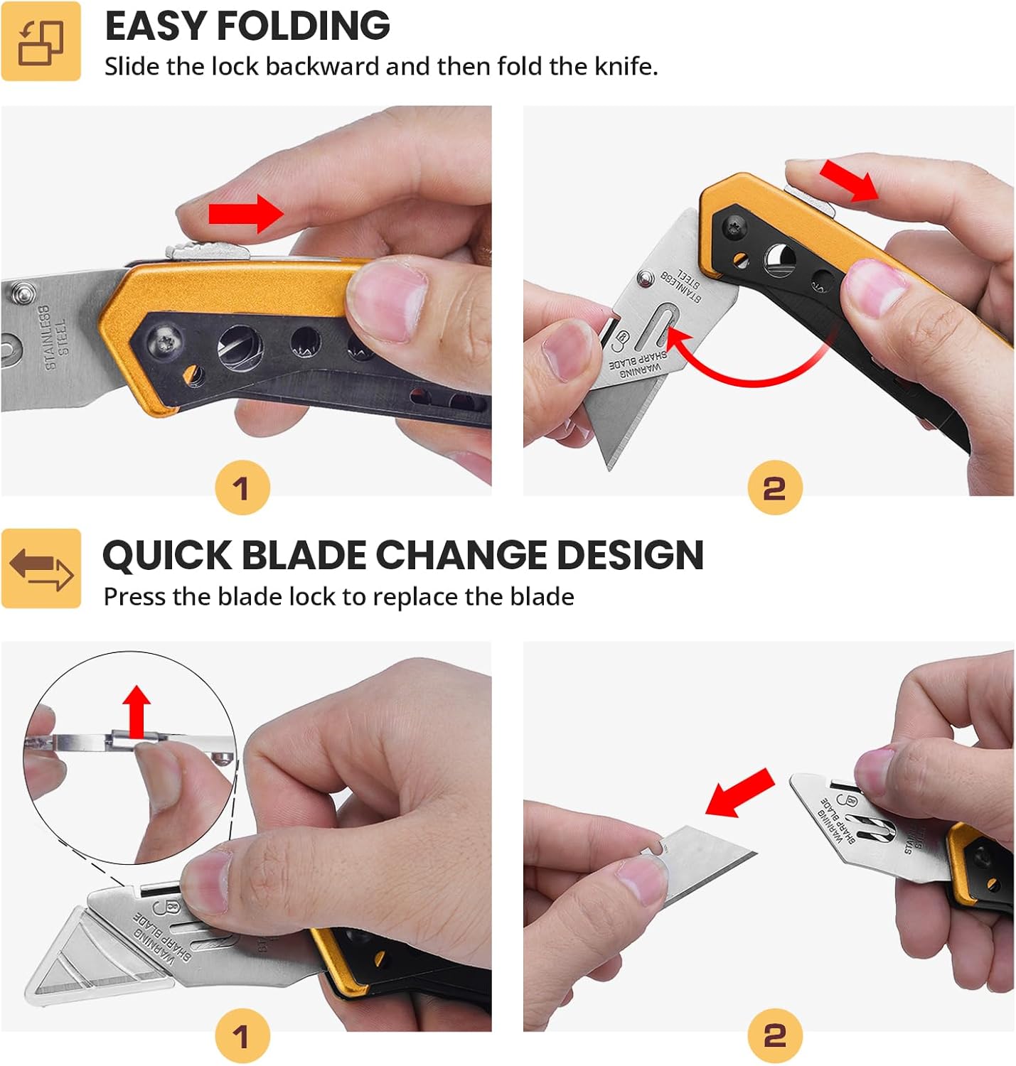 Folding Utility Knife, Box Cutter Knife, Razor Work Knives, 6 in 1 Utility Knives Multitool with 5 Razor Blades, Screwdriver, Saw, Belt Clip Safe Lock, EDC Gadgets Gifts for Men Women, Yellow
