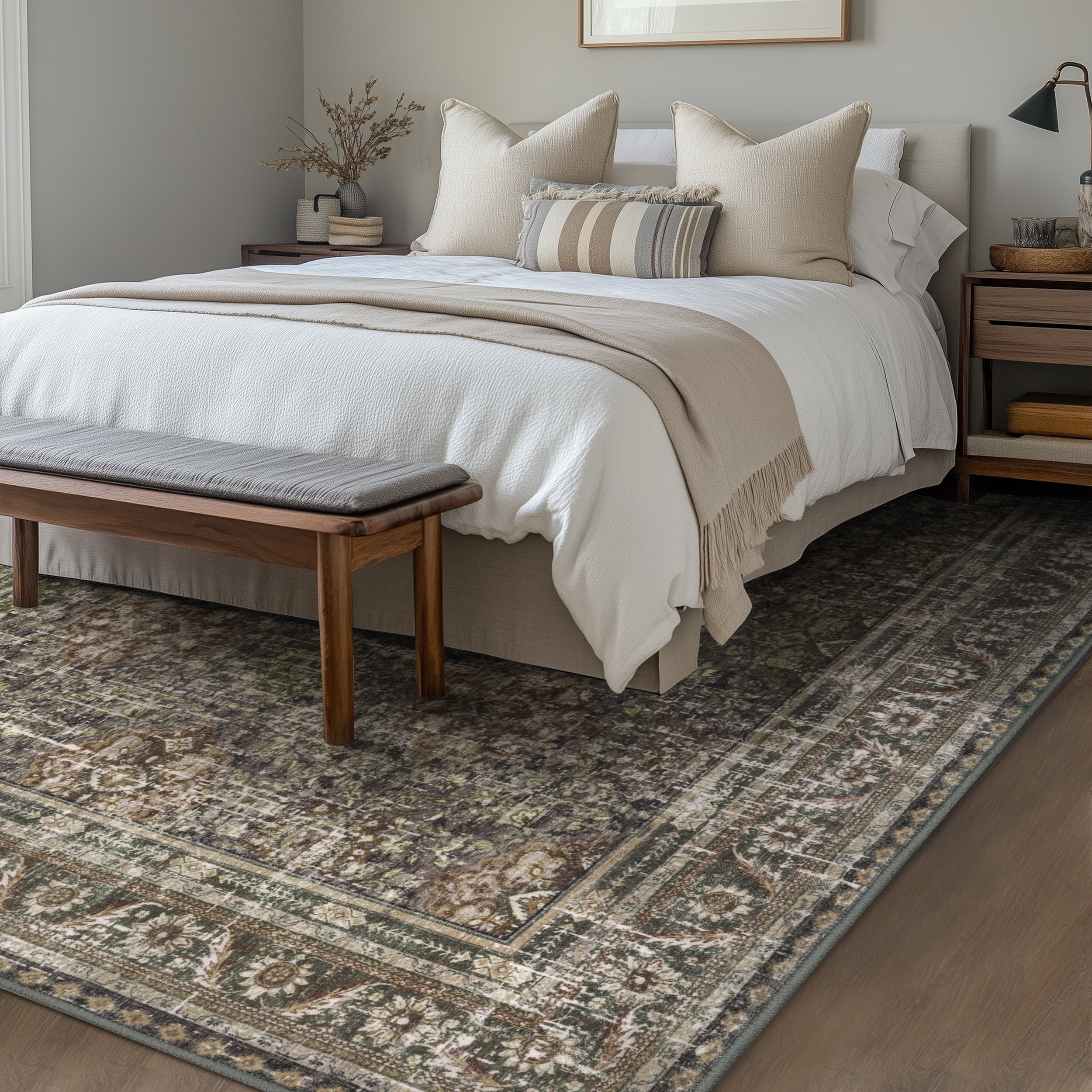 ARJINCUTE Distressed Vintage Low Pile Area Rugs 8'x10', Non-Slips Machine Washable Traditional Farmhouse Floor Carpet, Green