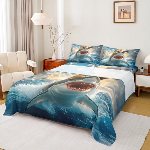 Feelyou Kawaii Ocean Sealife Twin Sheet Sets, Cat Riding Shark Twin Fitted Sheet, Teens Boys Girls Kids Flat Sheet, Microfiber Bedroom Decor, 3pcs