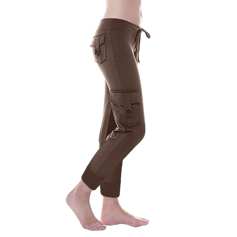 Jalioing Yoga Pants for Women Lace-Up Mid Waist Stretchy Skinny Solid Color  Multipocket Lounge Gym Trouser (X-Large, Brown)