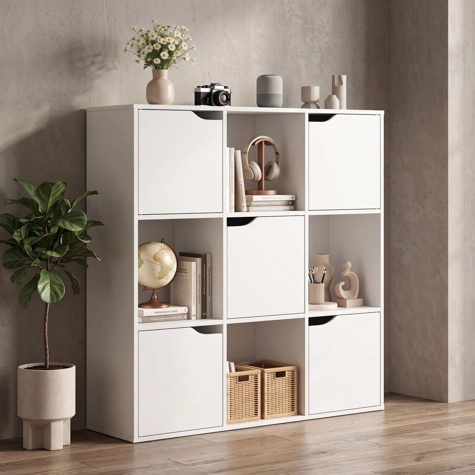 Furnibear 9 Cube Storage Bookcase, Free Standing Wood Divider Organizer with 4 Open Cubes and 5 Cabinets for Home Office Living Room Bedroom, White