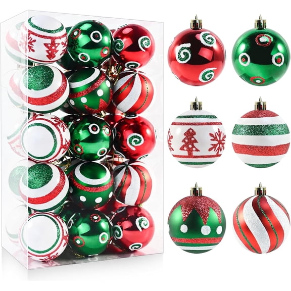 30PCS Christmas Tree Ornaments Set, 2.36’’ Shatterproof Glittering Hanging Christmas Balls Ornaments, Red White Green Christmas Ornaments for Christmas Tree Decoration