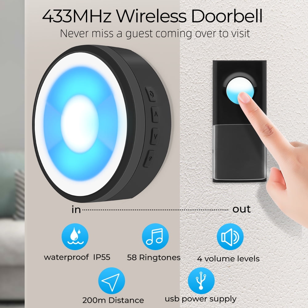 VANLOFE Security Wireless Doorbell Waterproof Mini House Door Bell Kit  590ft Range With 58 Ringtones & 4 Level Adjust-able Volume Self-powered