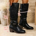 thumbnail image 4 of Black Knee High Boots Women Wide Calf Vintage Leather Stacked Heel Zipper Strappy Long Winter Riding Booties, 4 of 8