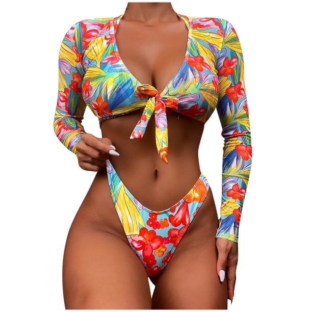 Conjunto de bikini de moda de verano para mujer, traje de baño con estampado de tres piezas, traje de baño con cordones, ropa de playa Fridja nalpqowj55375