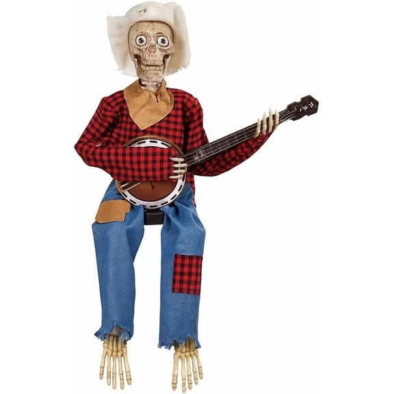 Funny Animated Dueling Banjo Skeletons with Light-Up Eyes, Musical Halloween Skeleton Decorations, Country Cowboy Skeleton Musicians with Movable Joints for Indoor Outdoor Prop Decor(Red)