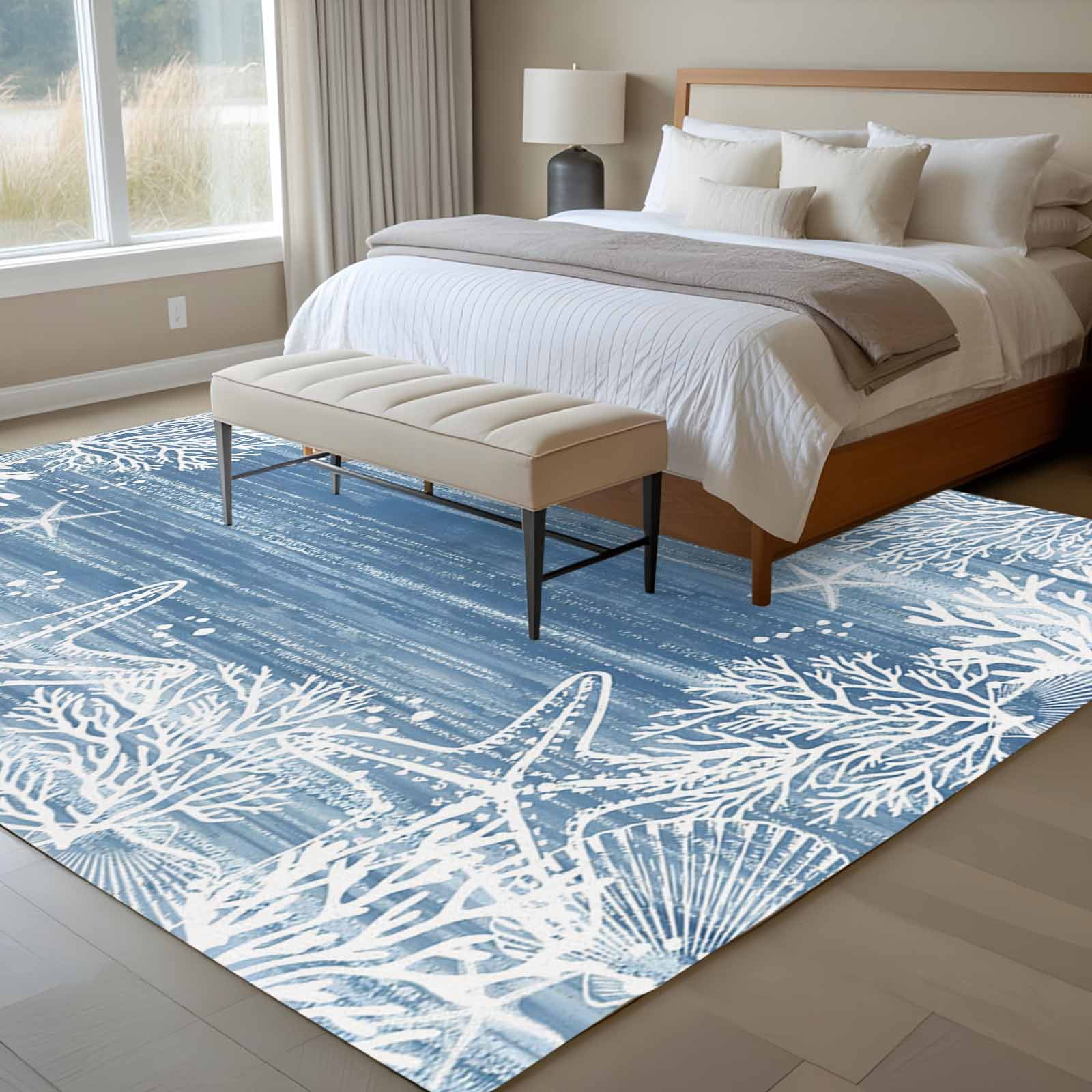 Blue Coastal Nautical Area Rugs 8'x10', Washable Small Throw Rugs for Living Room Patio, Summer Ocean Sea Waves Starfish Coral Indoor Outdoor Rug Non-Slip Low Pile Carpet Runner Reversible Floor Mats