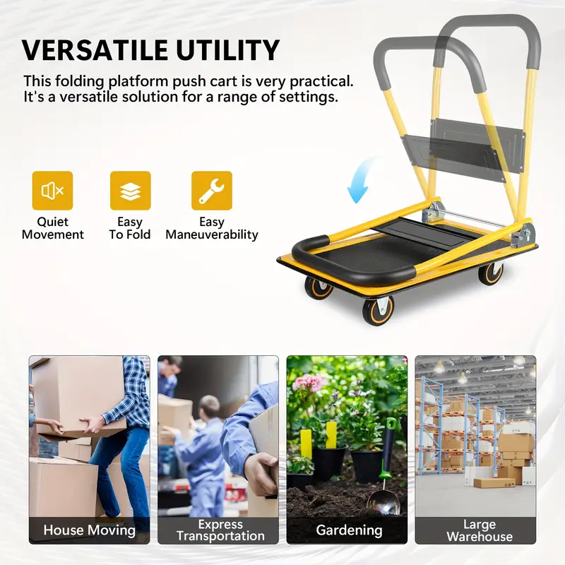 BEIMIMU Foldable Platform Truck, Push Dolly 330 LBS Weight Capacity, 360 Rolling, Folding Hand Truck for Luggage, Travel, Office, House (Yellow and Black) (28.7" x 19" x 32.5")