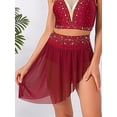 thumbnail image 3 of Sholeno Women's Shiny Rhinestone Lyrical Dance Skirt High Low Hem Mesh Flowy Dancing Skirt Burgundy XXL, 3 of 5