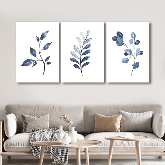 3pcs Minimalist Blue Leaf Canvas Wall Art Set - Abstract Botanical Prints with Metallic Textured Foliage, Modern Indigo Nature-Inspired Decor for Contemporary Spaces, Unframed, Bedrooms, Offices, Li