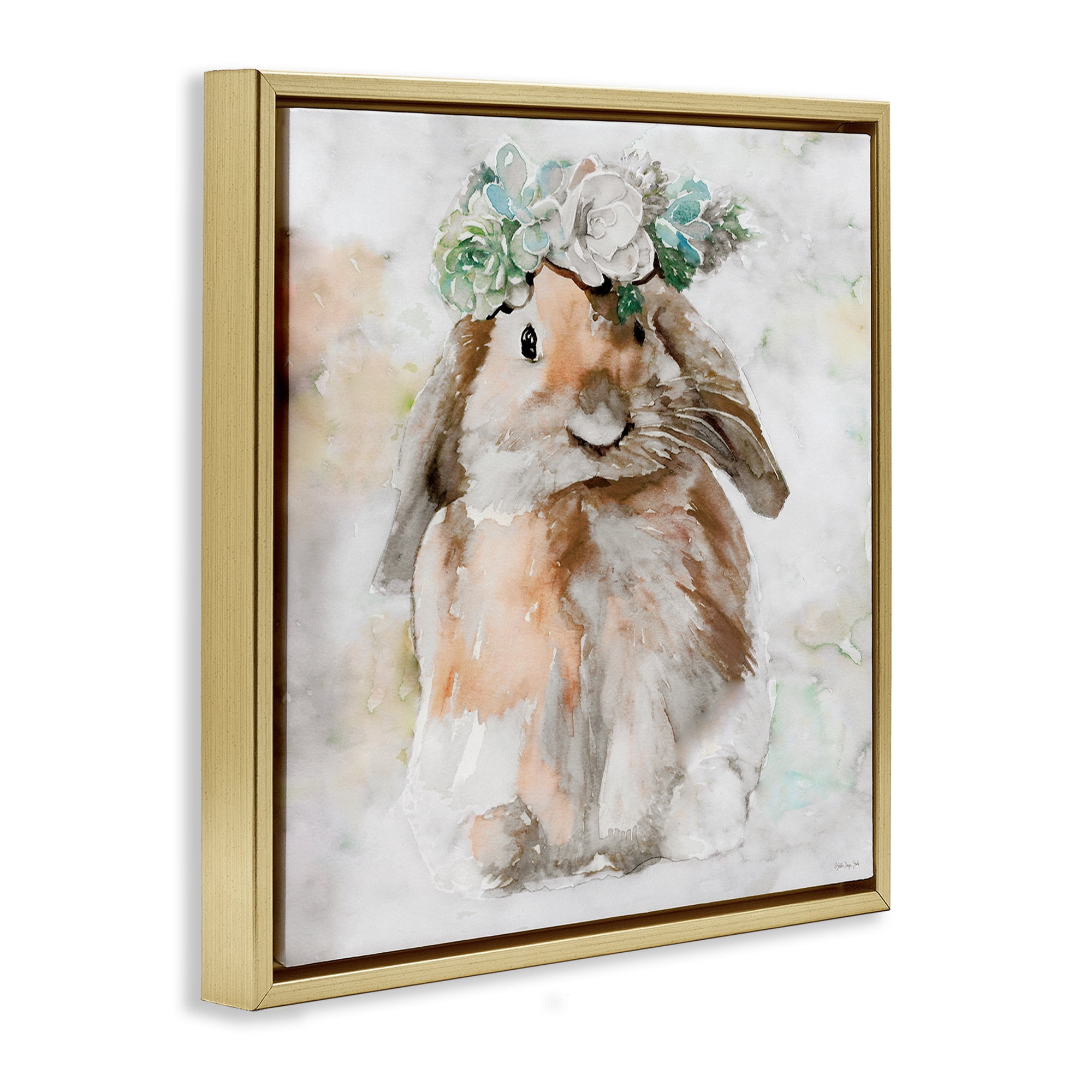 Stupell Industries Bunny & Spring Floral Crown Animals & Insects Painting Gold Floater Framed Canvas Art Print Wall Art, 25 x 25