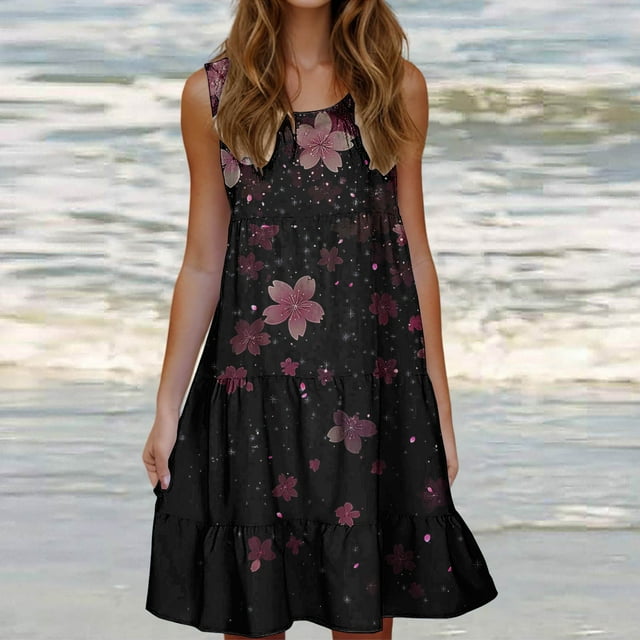 Staron Robe d'Été pour Femmes Ample à Col Rond Ligne A Décontractée Robes de Printemps Imprimé Floral Sans Manches Débardeur Fluide avec Poches Robe de Plage Noir m