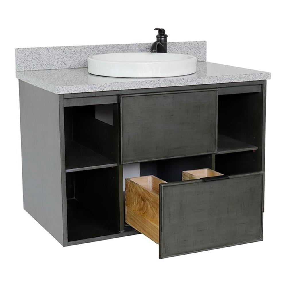 Bellaterra Home 37" Single wall mount vanity in Linen Gray finish top with Gray granite and round sink
