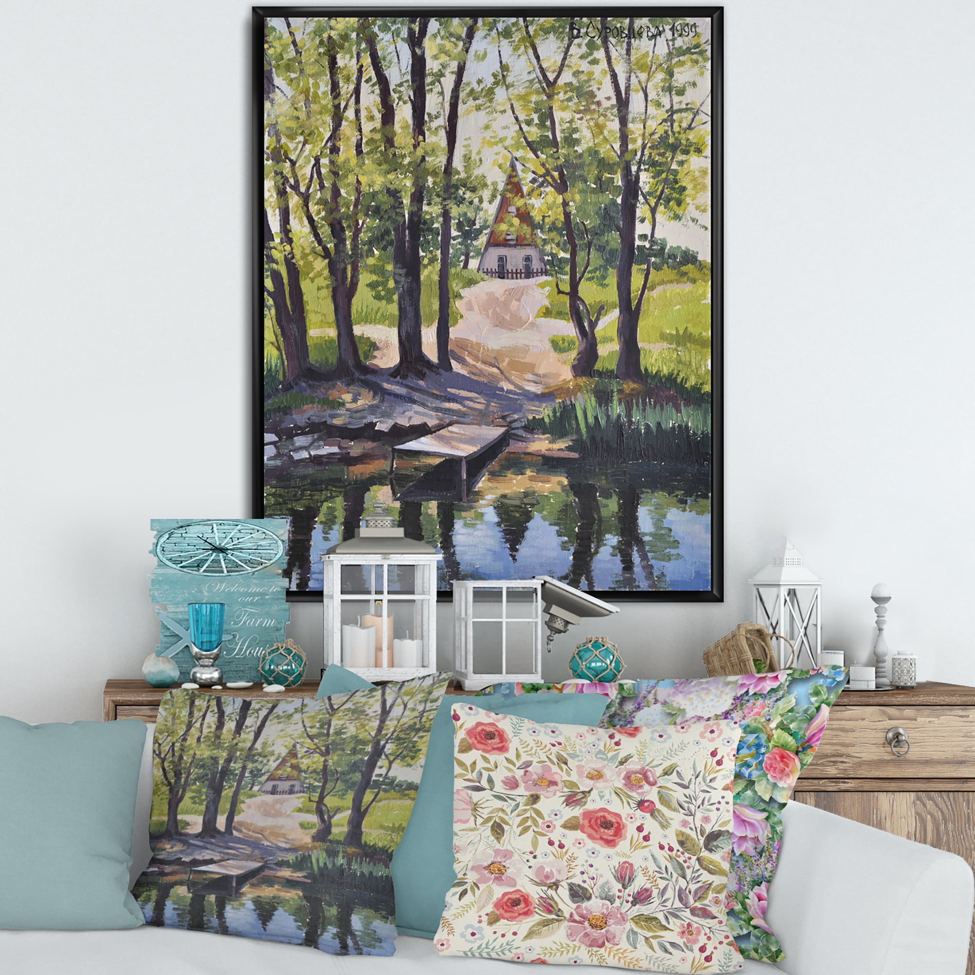 Designart 'Mysterious Countryside House By The River In The Woods' Lake House Framed Canvas Wall Art Print