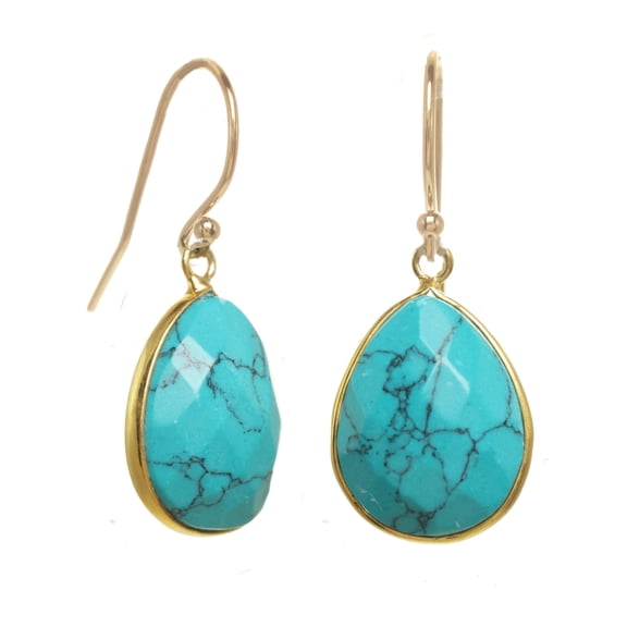 14k Gold-filled Fishhook Earrings made with Large Faceted Turquoise Gold Bezel Drops for Women, Unisex Stylish Everyday Earrings