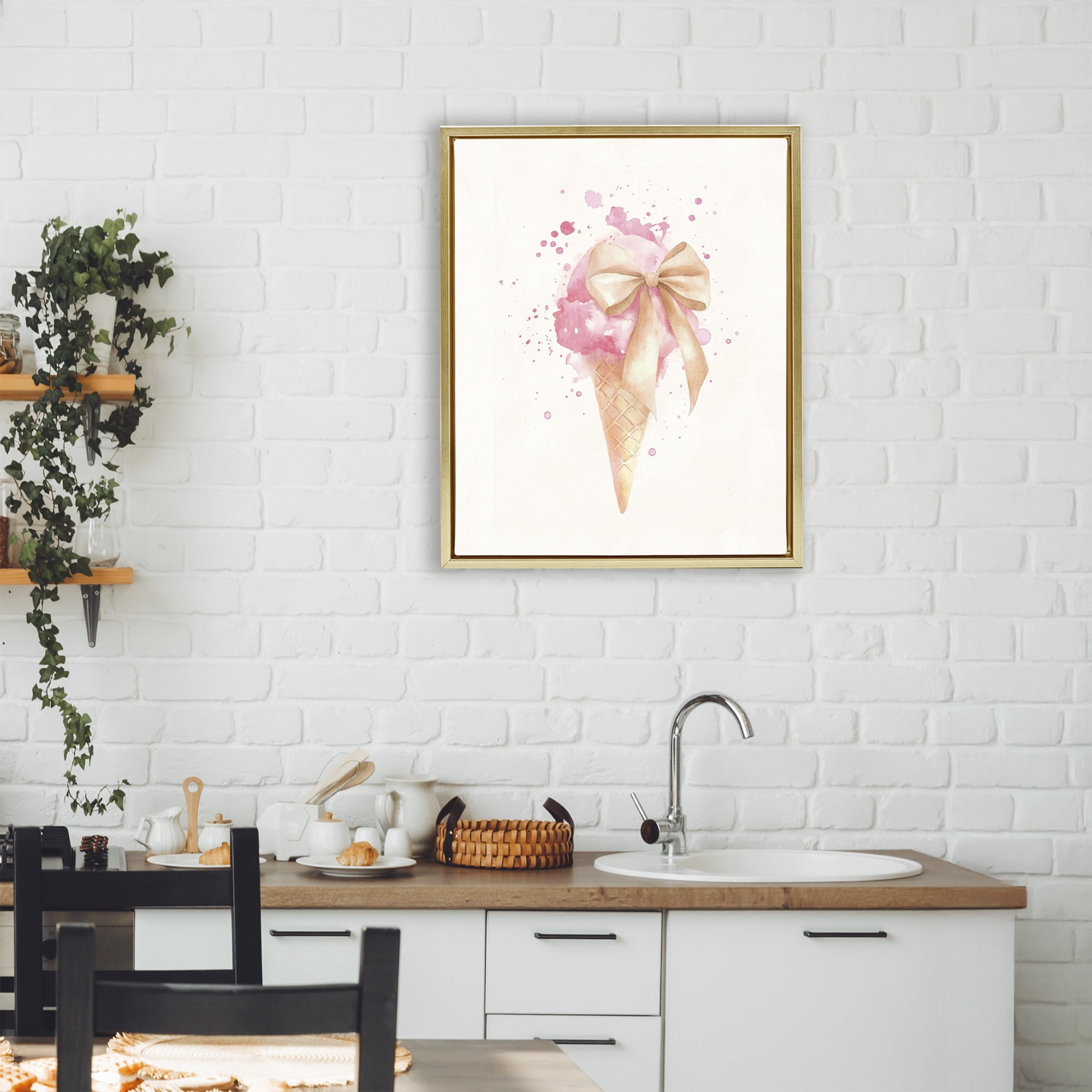 Stupell Industries Icy Charm Ice Cream Cone Gold Framed Floater Canvas Wall Art, design by Svetlana Aleynikova