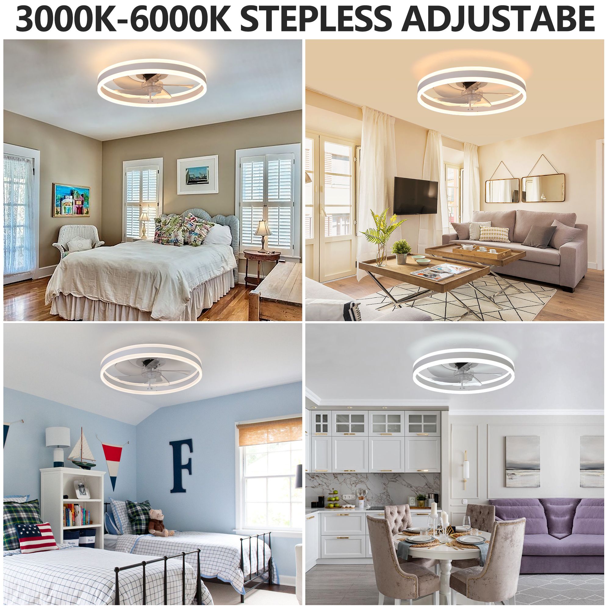 Aukfa 20" Bladeless Ceiling Fan with Light and Remote, Flush Mount Enclosed Design, Dimmable 3 LED Light Colors, White