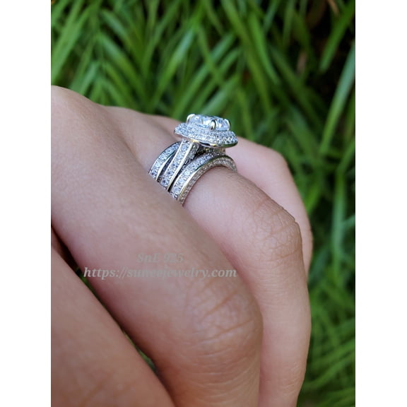 2.61ct Double Halo Cushion Cut with Heart Bridal Wedding Engagement Ring Diamond Simulated 925 Sterling Silver Anniversary Rings SKU:00234