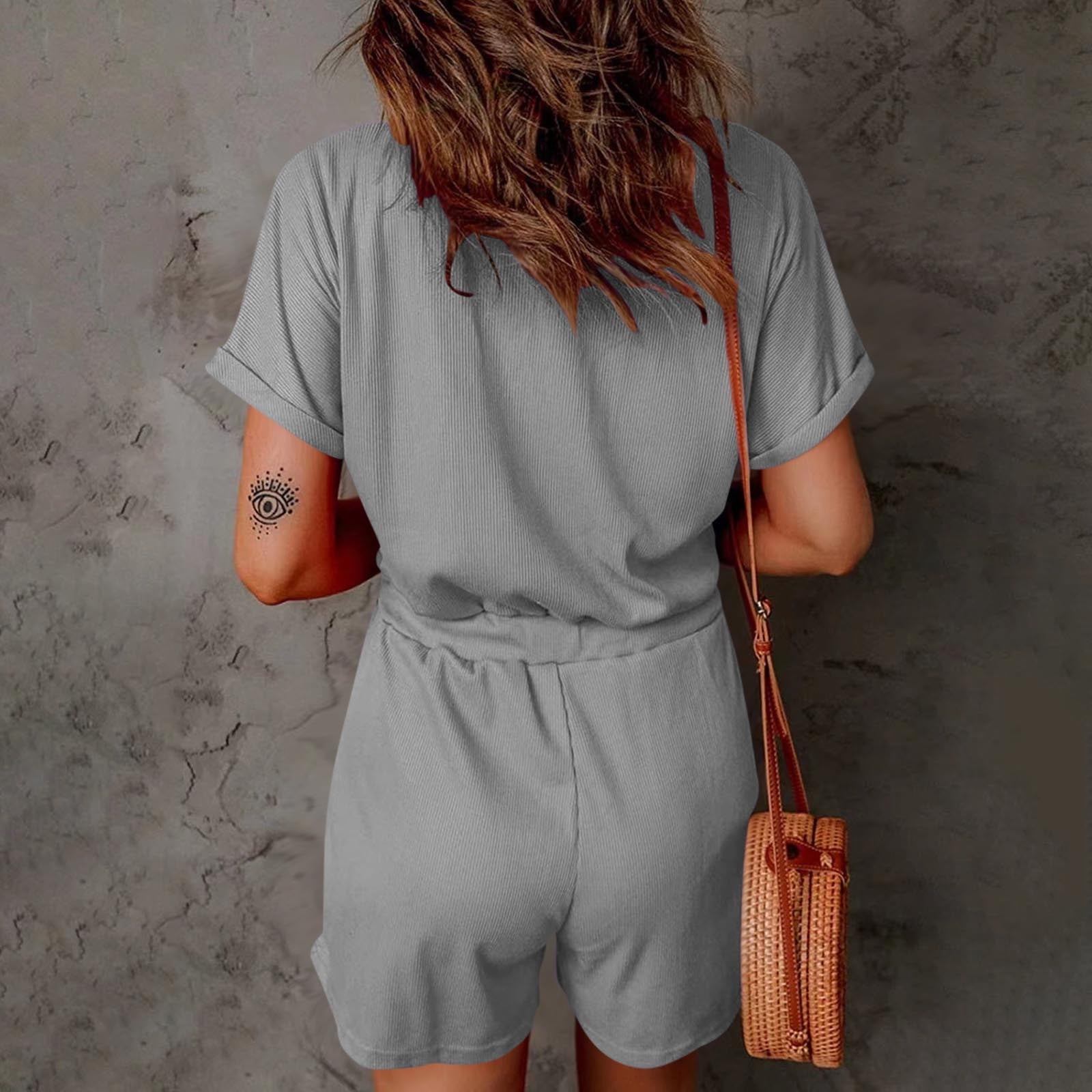Summer Womens Shorts Rompers Short Sleeve Ribbed Jumpsuit with