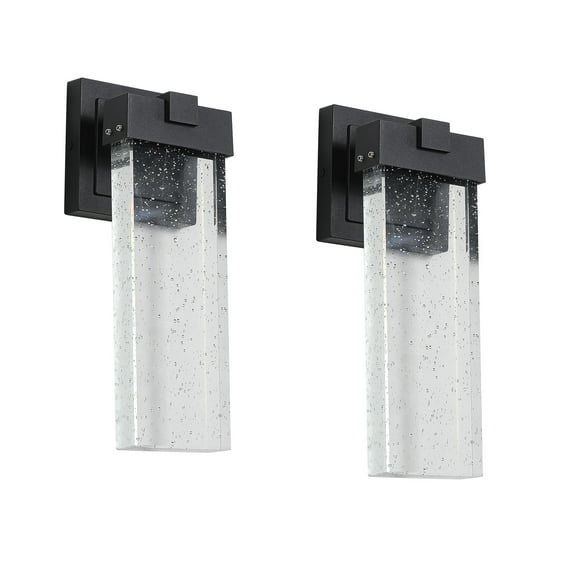 2-Pack Black Outdoor Hardwired Wall Lantern Sconce with LED Light and Crystal Bubble Glass Large Wall Light Fixtures
