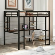 ARCTICSCORPION Metal Loft Bed,Space-Saving Full Size Loft Bed with 4 Shelves and Long Desk,Heavy Duty Loft Bed Frame with Build-in Ladder and Guardrails for Bedroom Dorm,No Box Spring Needed,Black