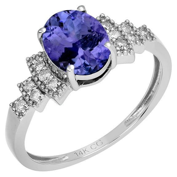 14k Solid White Gold Vintage Style Oval Natural Tanzanite and Diamond Birthstone Engagement Ring
