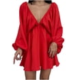 thumbnail image 1 of QIPOPIQ Robes pour Femmes pour Invité de Mariage Fête Manches Longues Col en V Longueur Genou Robe Longue d'Été Robe Sexy Rétro Ample 2023 Offres, 1 of 5