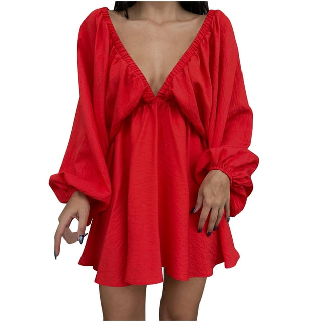 QIPOPIQ Robes pour Femmes pour Invité de Mariage Fête Manches Longues Col en V Longueur Genou Robe Longue d'Été Robe Sexy Rétro Ample 2023 Offres