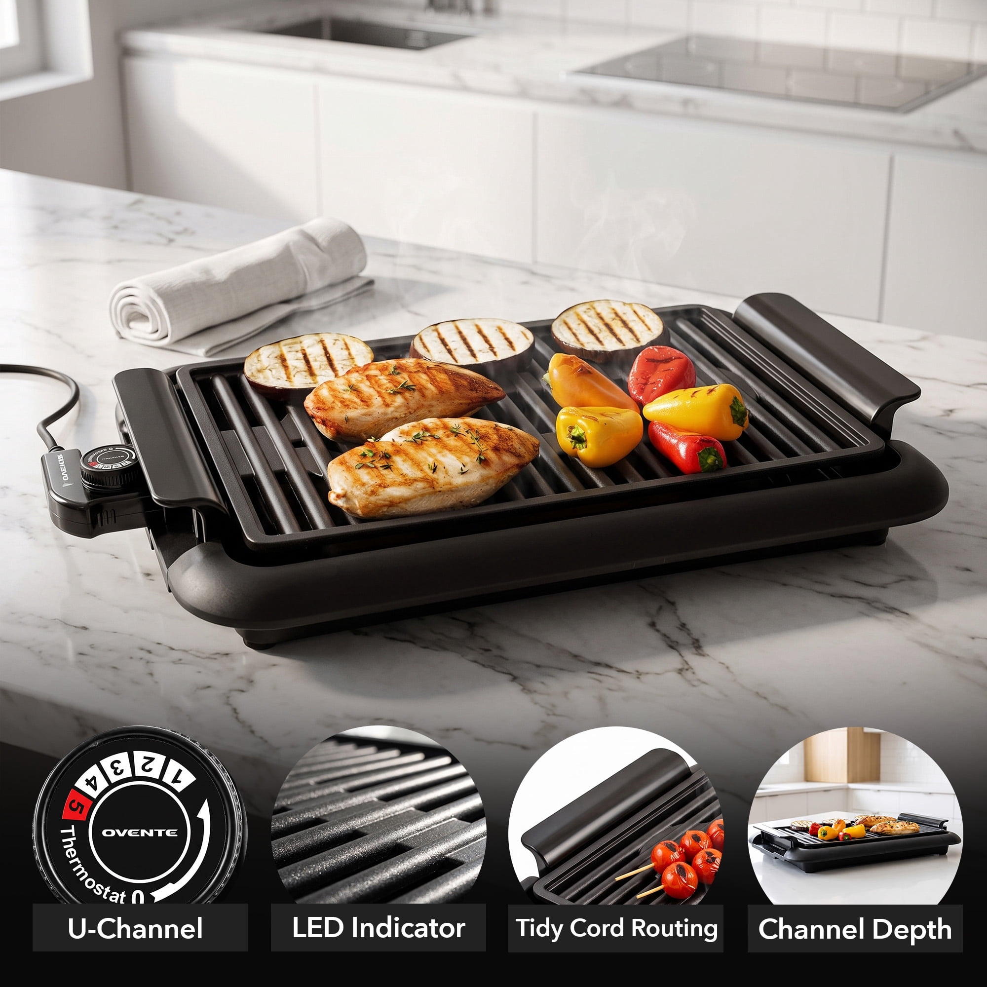 OVENTE Electric Indoor Grill, 15x10 Inch Non-Stick Plate, Black GD1510NLB | 1200W Fast Heat Up Power, Adjustable Temperature, Removable and Dishwasher Safe Grilling and Drip Tray