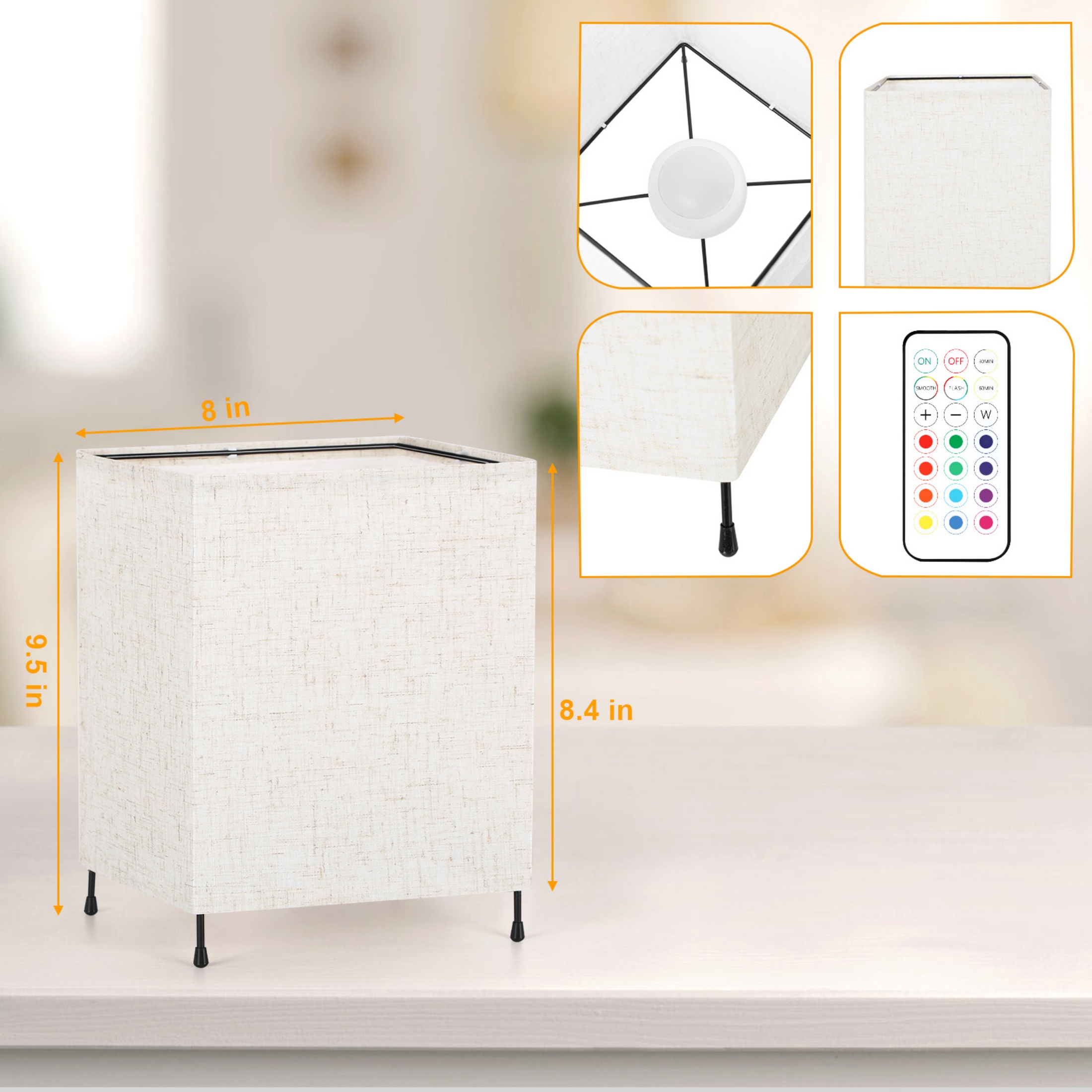 Kids Night Light Square Small Dimmable Nightstand Light Linen Battery Free