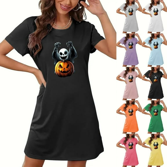 Meichang Halloween Nightgown for Women Short Sleeve Sleepwear Sleep Shirt Tshirt Dress Cute Pumpkin Ghost Print Casual Crew Neck Loose Fit Mini Sleepdress