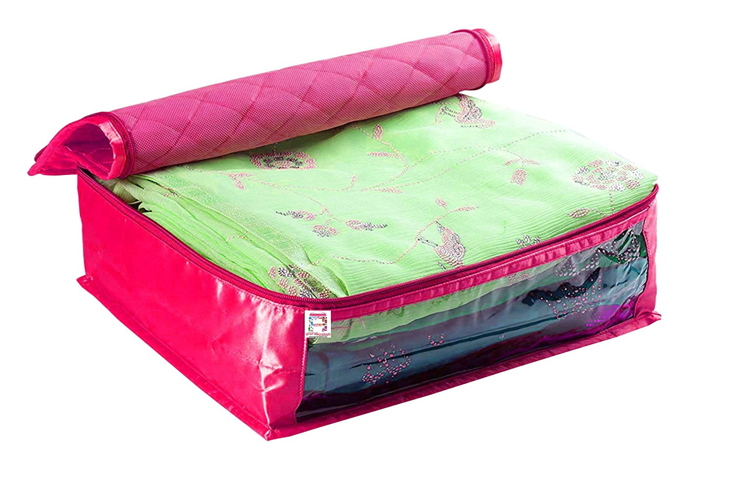 atorakushon Fabric Satin Foldable Saree Covers Cloth Garments Storage Bag Wardrobe Organizers with Strong Zippers & Transparent Window Pack of 2 Pink