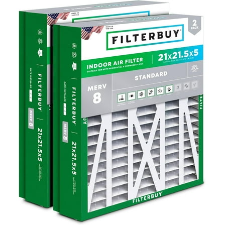 Filterbuy 21x21.5x5 MERV 8 Dust Defense, Pleated HVAC AC Furnace Air Filters for Trane Perfect Fit & American Standard (2-Pack)