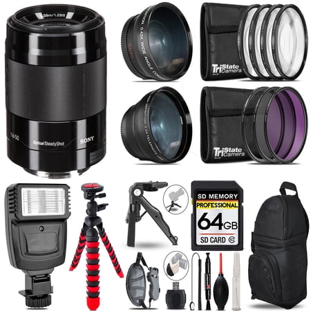 Sony E 50mm f/1.8 OSS Lens (Black) -3 Lens Kit + Slave Flash + Tripod - 64GB Accessory Bundle