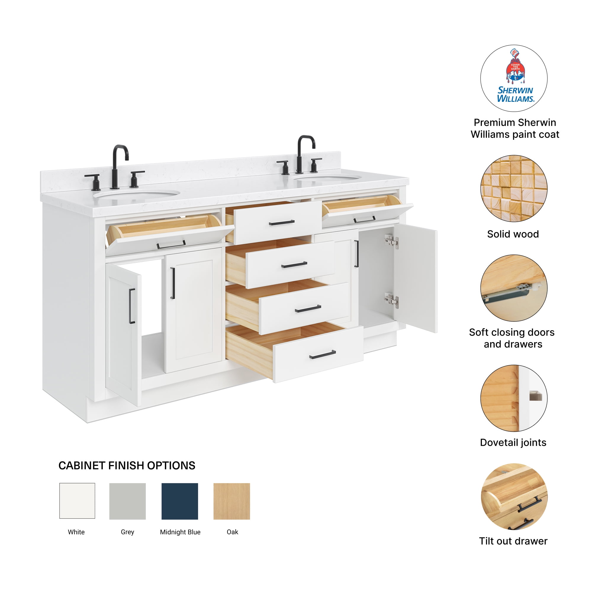 Ariel Hepburn 72 In. Double Oval Sink Bathroom Vanity With Carrara White Quartz Countertop 1.5 Edge In White
